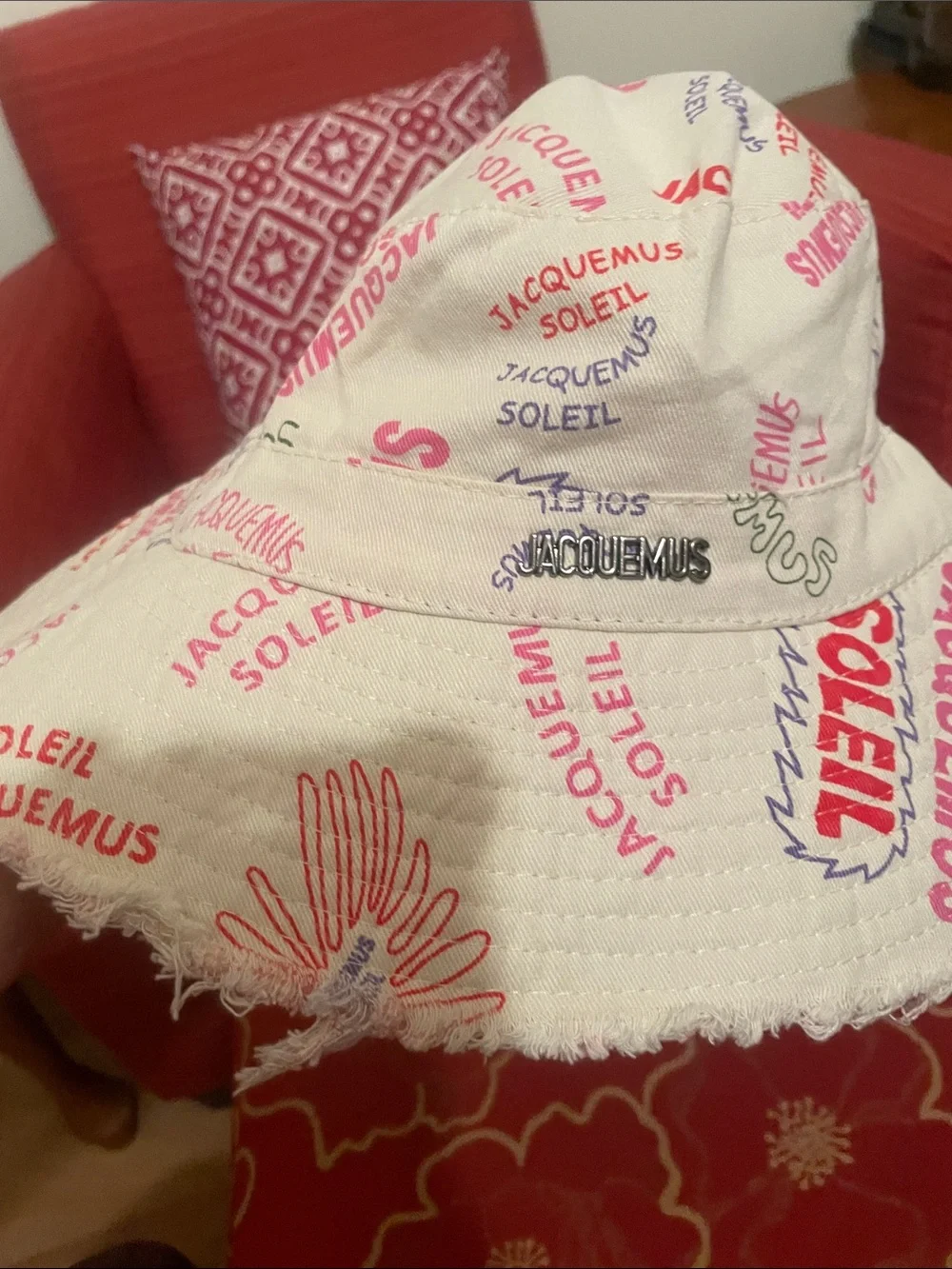 Designer inspired Beige Bucket Hat with Pink & Purple Graphic Print
